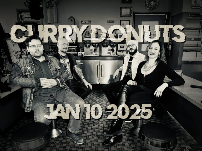 Live at Curry Donuts 1-10-25 band group shot sitting on stools