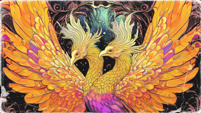 Live show poster of Phoenix with two heads in gold, purple, yellow and orange