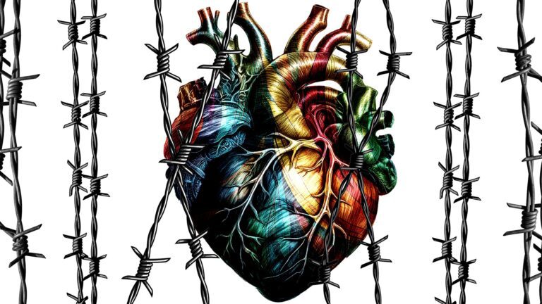 A rainbow realistic heart surrounded by barbed wire lock and key cover art