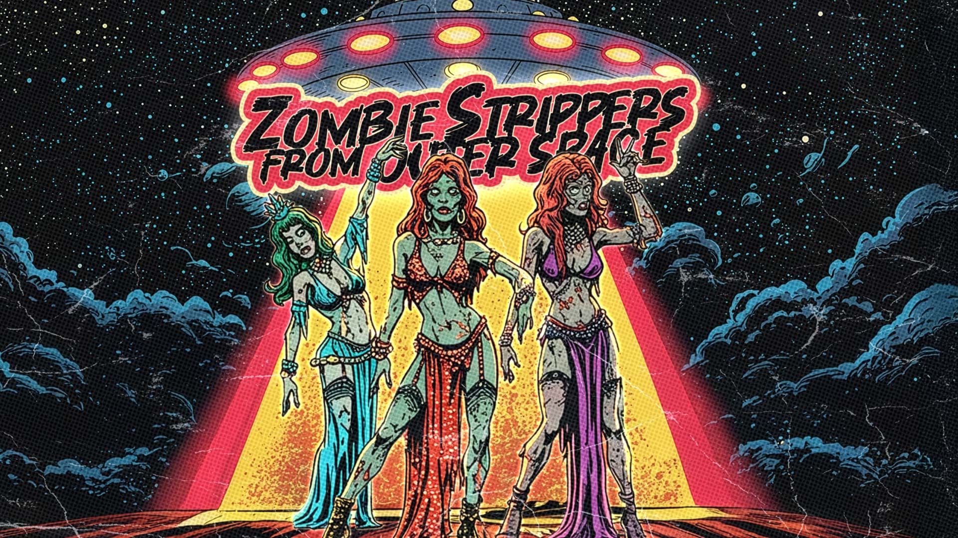 Zombie Strippers from Outer Space by Bellwether Ritual. Artwork of zombie strippers, a UFO and space.